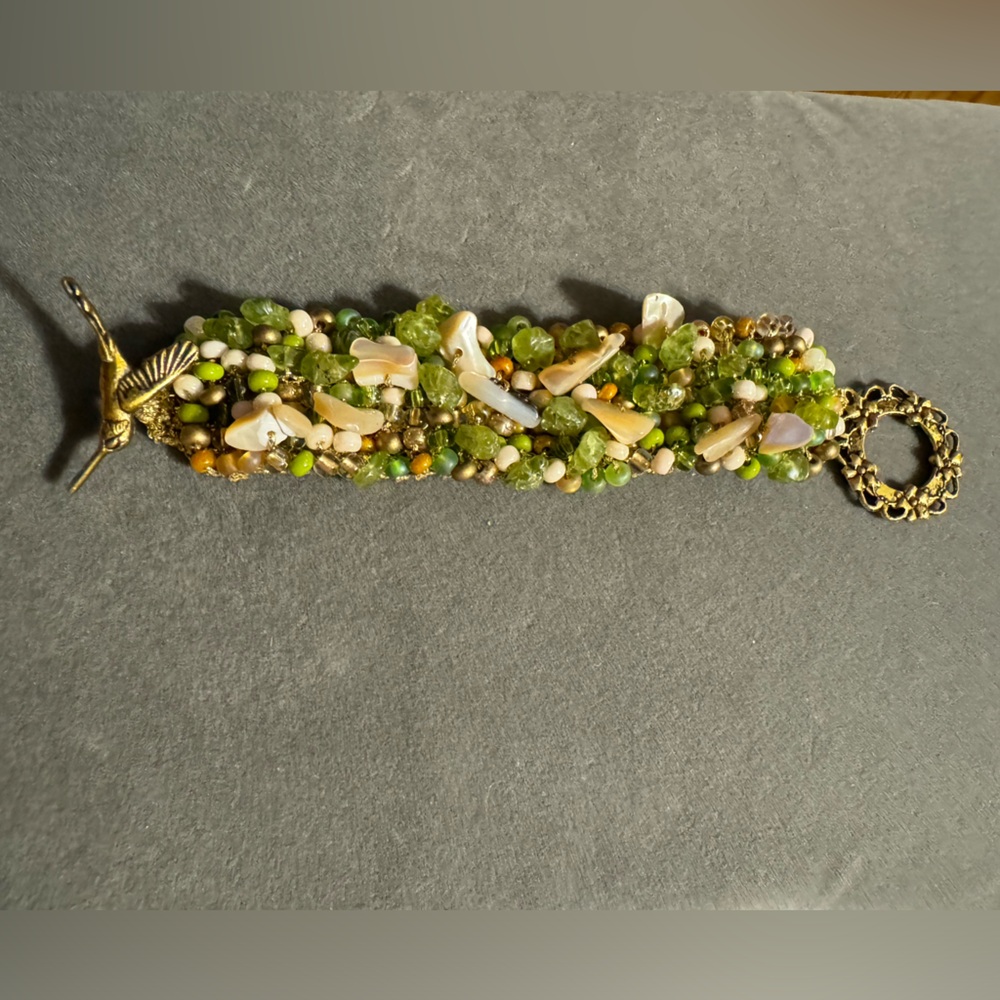 Beaded gemstone mother of pearl, hummingbird toggle bracelet